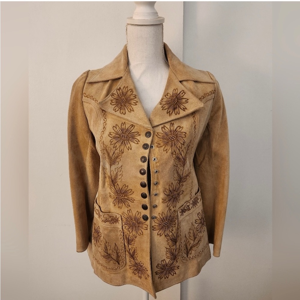 Vintage (70’s) wood burned suede jacket size XS